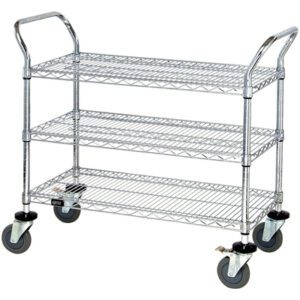 The MH-USA 48 x 18 x 38 - Heavy-Duty Cart has a three-tier metal wire design, with handles and four swivel wheels for easy transport across various settings.