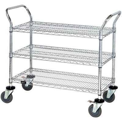 WSC4818383.jpg The MH-USA 48 x 18 x 38 - Heavy-Duty Cart has a three-tier metal wire design, with handles and four swivel wheels for easy transport across various settings.