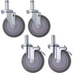 The image features MH-USA 5 x 1 1/4 polyurethane swivel casters showcasing four grey wheels with metal housings on a white background. Each has a locking mechanism and cylindrical mounting stem, packaged as four per case.