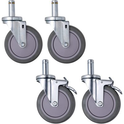 WSCASTER.jpg The image features MH-USA 5 x 1 1/4 polyurethane swivel casters showcasing four grey wheels with metal housings on a white background. Each has a locking mechanism and cylindrical mounting stem, packaged as four per case.