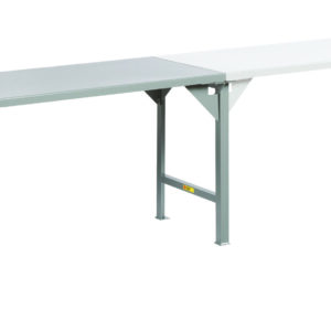 The Little Giant Continuous Width Production Tables boast a long, rectangular shape with gray and white segments supported by robust metal legs, offering a sleek side perspective against a white backdrop.