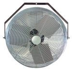 The Vestil Work Station Wall Fan, with its 12-inch blade diameter and three metallic blades encased in a circular wire guard, is mounted to a black octagonal frame and viewed from below against a white background.