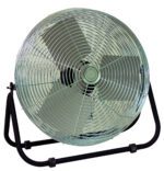 The Vestil Work Station Floor Fan 18 In Blade Dia includes a circular protective grille and a durable black stand for easy tilting and optimal directional airflow, featuring an industrial design with an 18-inch blade diameter.