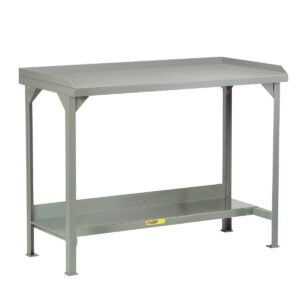The Little Giant Welded Steel Workbench, in grey, features a sturdy tabletop and lower shelf for storage. It includes raised back and end stops on three sides and four straight legs for enhanced stability.