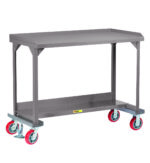 The Little Giant Mobile Workbench with Back and End Stops, in sturdy gray, features a flat top and lower shelf. It has four red and silver wheels for easy mobility, making it ideal for industrial or workshop settings.