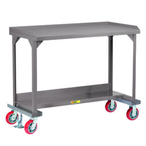 The Little Giant Mobile Workbench with Back and End Stops, in sturdy gray, features a flat top and lower shelf. It has four red and silver wheels for easy mobility, making it ideal for industrial or workshop settings.