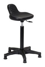The Vestil Adjustable Sit/Stand Chair 330 Lb Cap features a black swivel design, a rounded plastic seat with a slight backraise, and a gas lift for height adjustments. Its robust five-leg base ensures stability on various floors, supporting up to 330 lbs.