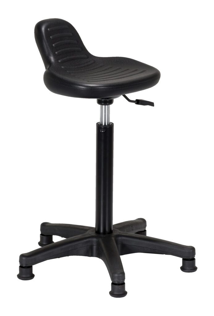 The Vestil Adjustable Sit/Stand Chair 330 Lb Cap features a black swivel design, a rounded plastic seat with a slight backraise, and a gas lift for height adjustments. Its robust five-leg base ensures stability on various floors, supporting up to 330 lbs.