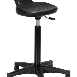 The Vestil Adjustable Sit/Stand Chair 330 Lb Cap features a black swivel design, a rounded plastic seat with a slight backraise, and a gas lift for height adjustments. Its robust five-leg base ensures stability on various floors, supporting up to 330 lbs.
