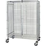 The MH-USA 60 x 24 x 69 Security Cart is a metal wire mesh rolling cage with four wheels and an outward-opening door, designed for secure storage or transport. Its sturdy, industrial look makes it suitable for various uses.