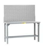 The Little Giant Welded Steel Workbenches with Back and End Stops boast a gray steel design, perforated back panel for tool storage, a solid rectangular tabletop, sturdy legs, lower shelf, and built-in back and end stops for enhanced functionality.