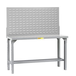 The Little Giant Welded Steel Workbenches with Back and End Stops boast a gray steel design, perforated back panel for tool storage, a solid rectangular tabletop, sturdy legs, lower shelf, and built-in back and end stops for enhanced functionality.