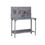 A Little Giant Fixed Height Welded Steel Workbench in gray includes a pegboard back with screwdrivers, pliers, and a hammer. It features a lower storage shelf and smooth work surface, ideal for any project.
