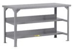 The Little Giant Welded Workbench features a gray metal design with a flat top and two lower shelves. Ideal for heavy-duty tasks, its sturdy legs and reinforced structure make it perfect for workshops or garages.