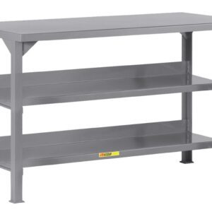 The Little Giant Welded Workbench features a gray metal design with a flat top and two lower shelves. Ideal for heavy-duty tasks, its sturdy legs and reinforced structure make it perfect for workshops or garages.