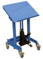 The Vestil Hydraulic Work Positioner 330 Lb 20 X 16 features a blue lift table with a slanted surface, four caster wheels, and a black hydraulic pump with foot control, effortlessly adjusting up to 330 lbs.