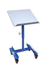 The Vestil Mobile Tilting Work Table 150 Lb 22 X 21 features a slanted metal surface and adjustable height with a blue frame, red casters for mobility, and a screw knob for precise height adjustment. It supports up to 150 lbs on its 22 x 21 platform.