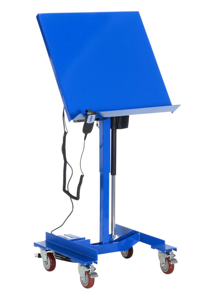 WT-2424-LA_A.jpg A blue, adjustable-height podium with a slanted top and wheeled base features a wired control panel for precise height changes, reminiscent of the Vestil Linear Actuated Tilt Table 300 Lb 24X24. It rests on four caster wheels for easy mobility.
