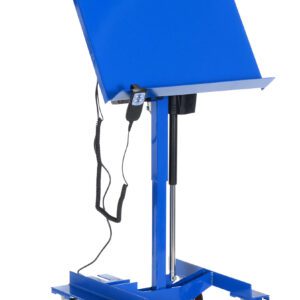 A blue, adjustable-height podium with a slanted top and wheeled base features a wired control panel for precise height changes, reminiscent of the Vestil Linear Actuated Tilt Table 300 Lb 24X24. It rests on four caster wheels for easy mobility.