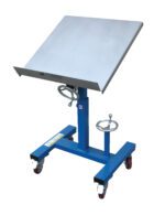 The Vestil Mobile Tilting Work Table 300 Lb 24 X 24 has a blue adjustable stand and a metallic platform, with hand cranks for precise tilting and height adjustments. Its sturdy base and four red caster wheels support smooth mobility with a load capacity of 300 lbs.