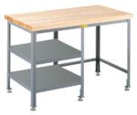 The Little Giant Butcher Block Table/Desk with Side Shelf Storage combines a robust workbench vibe with a wooden top and metal frame. It features two metal storage shelves and adjustable feet, making it ideal for garage or workshop use.
