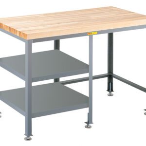 The Little Giant Butcher Block Table/Desk with Side Shelf Storage combines a robust workbench vibe with a wooden top and metal frame. It features two metal storage shelves and adjustable feet, making it ideal for garage or workshop use.