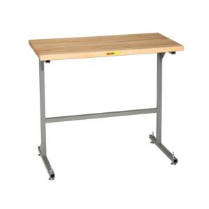 A wooden-top table with a metal frame and four small feet, reminiscent of the Little Giant Stand Up Workstation with Butcher Block Top. The gray frame pairs elegantly with the light brown butcher block top, offering a simple, minimalist design for various settings.