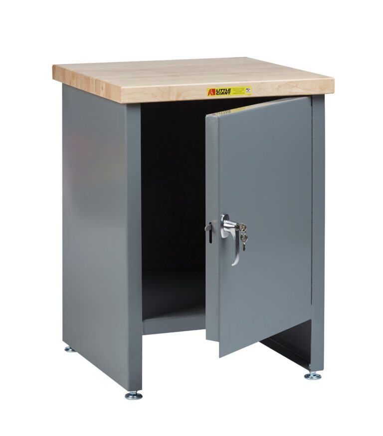 The Little Giant Compact Work Center Cabinet with Locking Door boasts a gray metal body and light wood top. The partially open door shows an empty inside, complemented by adjustable feet and a secure handle, set against a white background for dramatic impact.