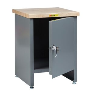 The Little Giant Compact Work Center Cabinet with Locking Door boasts a gray metal body and light wood top. The partially open door shows an empty inside, complemented by adjustable feet and a secure handle, set against a white background for dramatic impact.