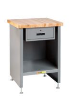 The Little Giant Enclosed Table with Drawer and Butcher Block Top features a sturdy metal frame, lockable drawer, open storage space, and adjustable metal legs for stability in all your projects.