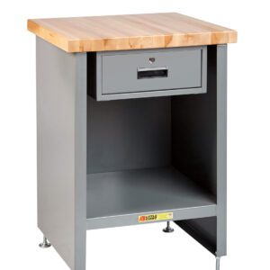 The Little Giant Enclosed Table with Drawer and Butcher Block Top features a sturdy metal frame, lockable drawer, open storage space, and adjustable metal legs for stability in all your projects.