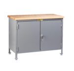 The Little Giant Work Center Cabinet with Butcher Block Top features a sleek gray metal body, adjustable legs, two doors (one with a handle), and a latch lock. Its smooth, light-colored surface is perfect for workshop storage or as an effective workspace.