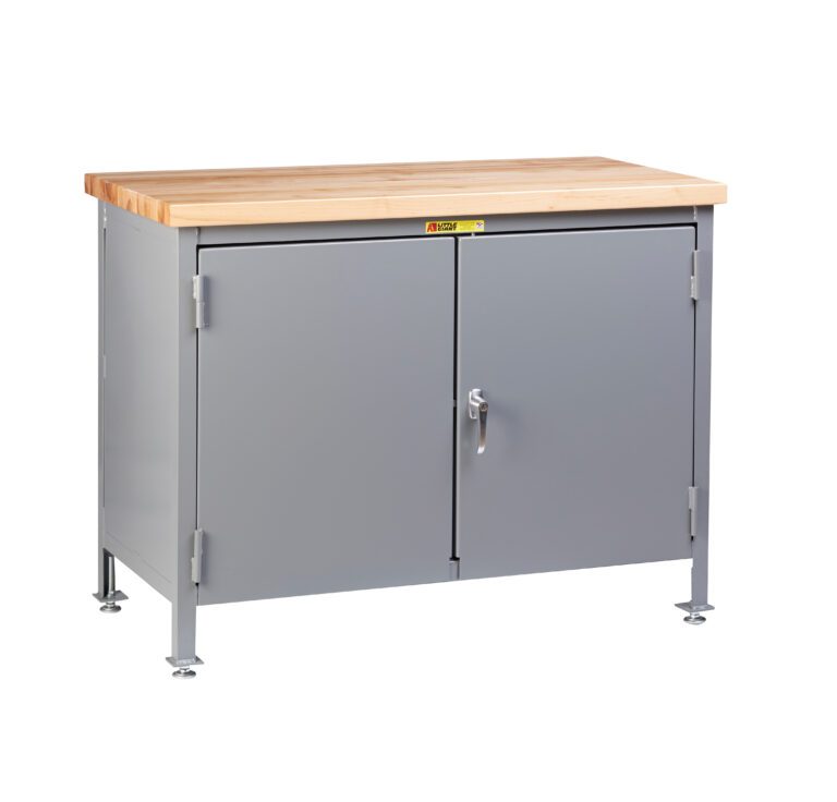 The Little Giant Work Center Cabinet with Butcher Block Top features a sleek gray metal body, adjustable legs, two doors (one with a handle), and a latch lock. Its smooth, light-colored surface is perfect for workshop storage or as an effective workspace.