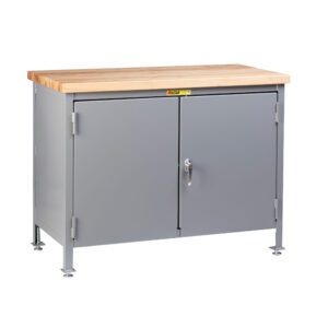 The Little Giant Work Center Cabinet with Butcher Block Top features a sleek gray metal body, adjustable legs, two doors (one with a handle), and a latch lock. Its smooth, light-colored surface is perfect for workshop storage or as an effective workspace.