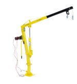 The Vestil Winch Operated Truck Jib Crane - DC is a portable yellow hoist with a black arm, two hooks, and a red electric motor for lifting, perfect for trucks or boats.