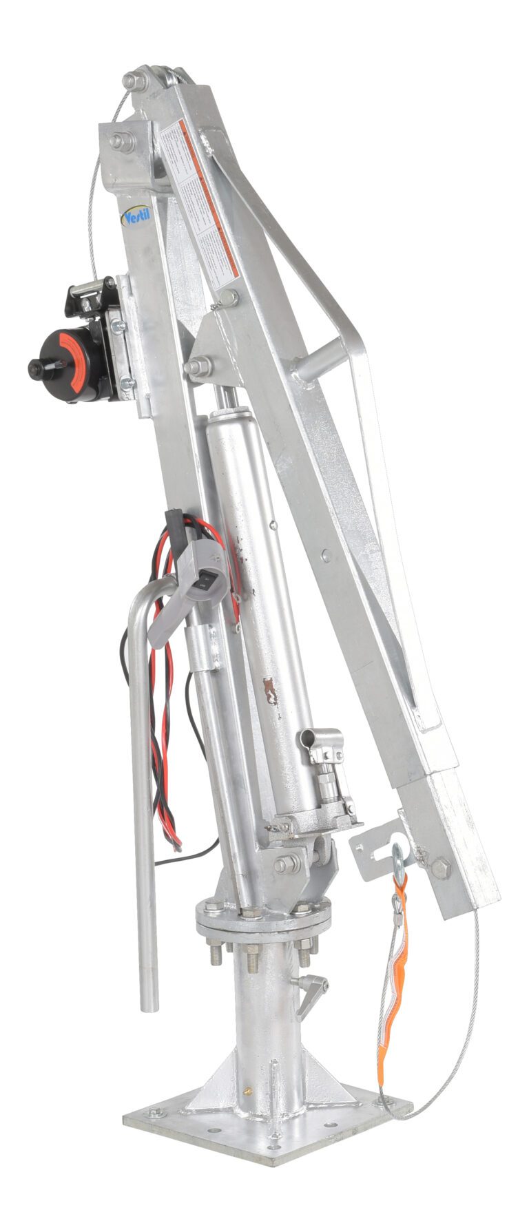 The Vestil Winch Operated Truck Jib Crane - Galv Dc is a galvanized, silver davit crane equipped with a handle, winch, and cables, mounted on a base. Its expertly designed structure with joints and bolts includes a hook attached to a rope for lifting or hoisting tasks.