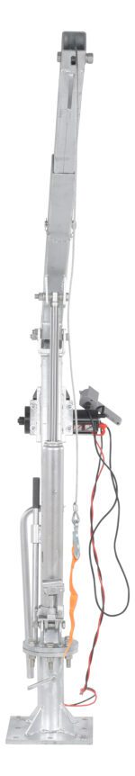 The Vestil Winch Operated Truck Jib Crane - Galv Dc, with a metallic silver finish, includes a vertical rod, attached cables, and a small side hook. It is mounted on a sturdy base with red and black wires extending from it, showcasing efficient design and functionality.