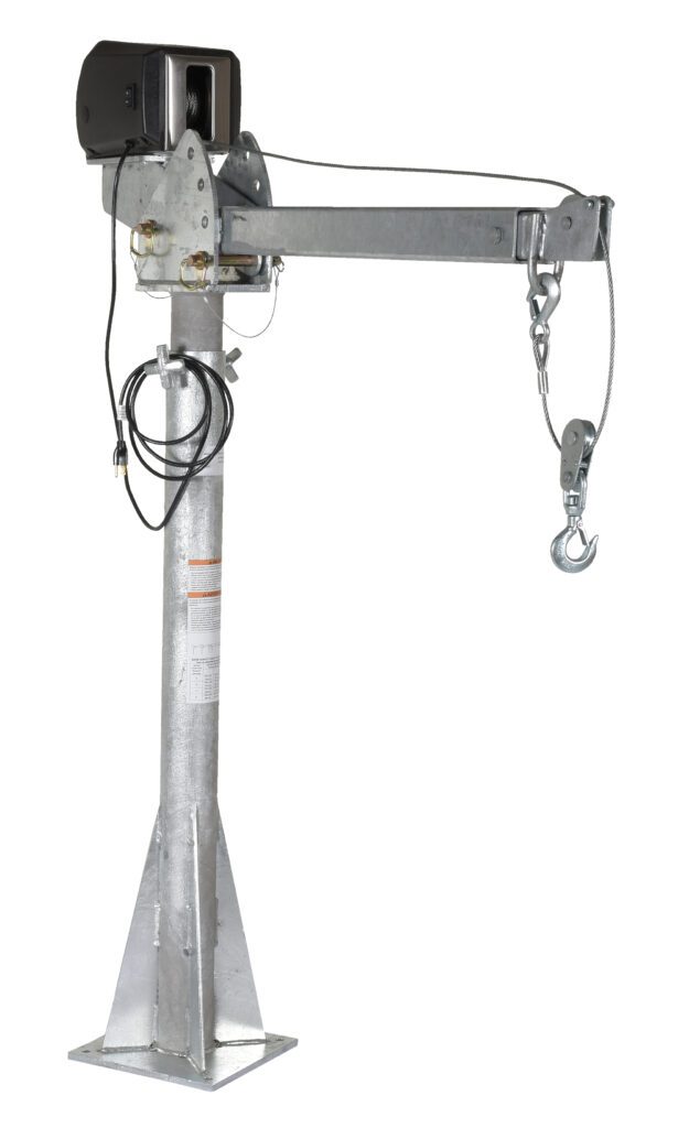 WTJ-20-3-AC-GAL_A.jpg The Vestil Ac Powered Jib Crane 2K 3-5 Ft Boom Galv boasts a galvanized boom, sturdy vertical pole, adjustable horizontal arm with a cable winch system, and a stable triangular base. The swivel hook on the arm makes it perfect for lifting tasks.
