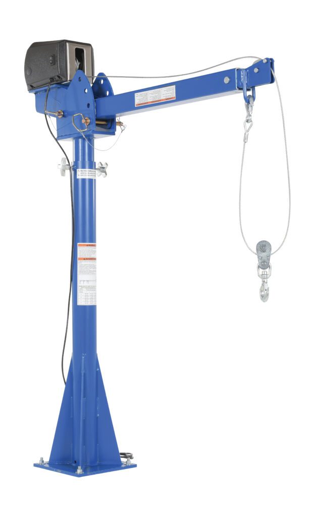 WTJ-20-3-AC_A.jpg The Vestil AC Powered Lift Jib Crane 2K 3-5 Ft Boom in blue includes a vertical support pillar, 3-5 ft horizontal boom arm, cable, pulley with hook, warning labels, and a top motor for smooth operation. Designed for efficient handling of up to 2K lbs in industrial environments.