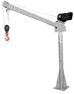 The Vestil DC Powered Jib Crane 2K 3-5 Ft Boom Galv features a silver metal build with a long arm, black motor, and red hook on a sturdy base. Its robust cable connects the motor to the hook, providing easy lifting of heavy objects.