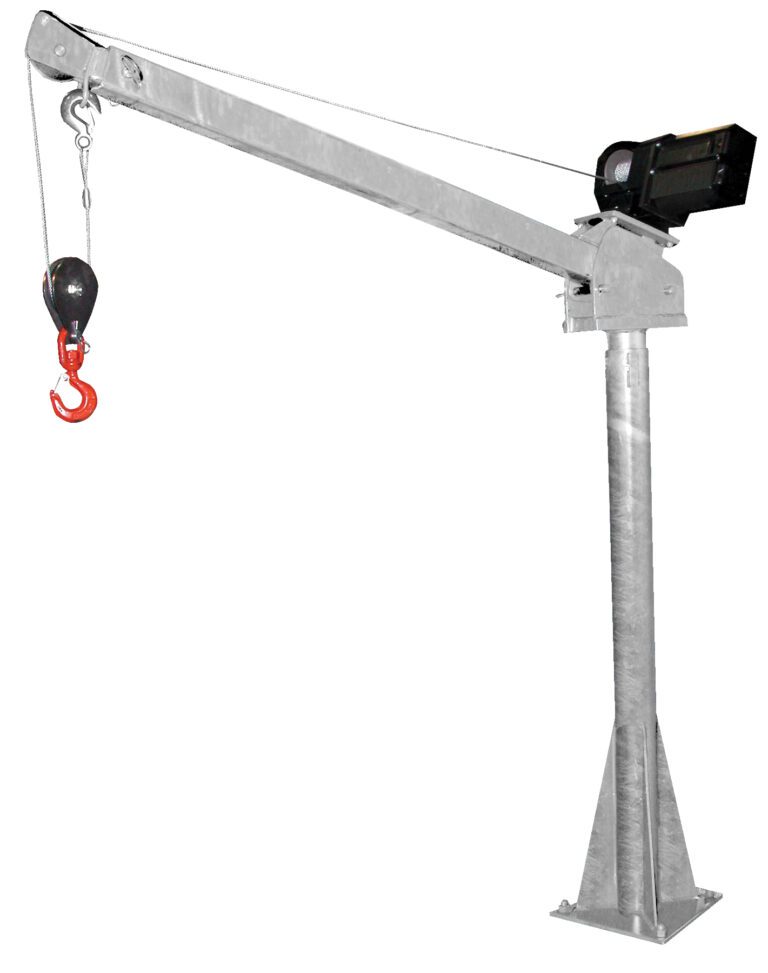 The Vestil DC Powered Jib Crane 2K 3-5 Ft Boom Galv features a silver metal build with a long arm, black motor, and red hook on a sturdy base. Its robust cable connects the motor to the hook, providing easy lifting of heavy objects.