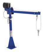 The Vestil AC Powered Jib Crane 2K 4-7 Ft Boom CSA features a blue metal arm with a winch and cable, mounted on a triangular base stand. This CSA-approved crane is ideal for industrial lifting, offering efficiency and reliability.