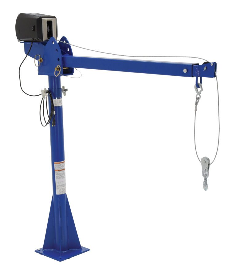 The Vestil AC Powered Jib Crane 2K 4-7 Ft Boom CSA features a blue metal arm with a winch and cable, mounted on a triangular base stand. This CSA-approved crane is ideal for industrial lifting, offering efficiency and reliability.