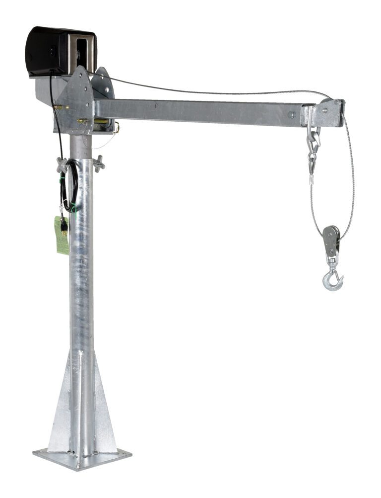The Vestil AC Powered Jib Crane 2K features a durable, silver metal build, a 4-7 ft galvanized boom with a pulley system, and an end hook. Designed for industrial use, it ensures efficiency and has a sturdy base for reliable performance.