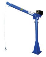 The Vestil AC Powered Lift Jib Crane 2K 4-7 Ft Boom features a long arm extending from a sturdy blue base with a cable and hook, set against a white background.