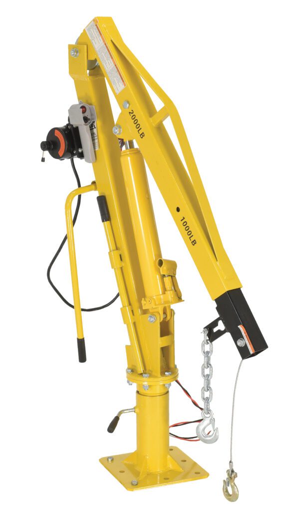 WTJ-4-DC_A.jpg The yellow Vestil Winch Operated Truck Jib Crane - DC features a lever, manual crank, chain with hook, and 2000 LB and 1000 LB capacity markings. It is shown in a slightly angled position and is expertly designed for lifting heavy loads.