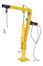The Vestil Winch Operated Truck Jib Crane - DC is a yellow hydraulic engine hoist with a metal chain, hook, side-mounted electrical wiring, and a stable base. It features adjustable joints for improved maneuverability.
