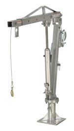 The Vestil Winch Truck Jib Crane 1K Extended Galv features a silver metal derrick with a durable winch, cable, and hook. Its mounted on a flat base with a manual crank and multiple levers, designed for effective heavy lifting tasks.