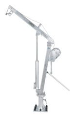 The Vestil Winch Truck Jib Crane 1K Extended Galv is a silver manual aluminum crane featuring a winch and lever arm. Its ideal for lifting and rotating loads, with a sturdy base and adjustable arm for secure attachment, making it perfect for industrial applications.