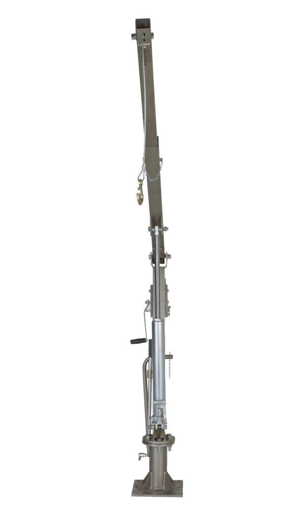 Image of the Vestil Winch Truck Jib Crane 1K Extended Ss, showcasing a metallic design. It has an adjustable arm, sturdy base, and extended reach, ideal for lifting in industrial or construction settings. Perfect for heavy-duty tasks.